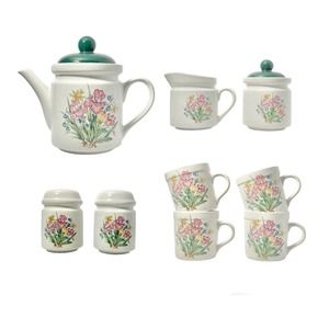 1980s Portmeirion-Style Botanical Floral Iris Ceramic Serving Dinnerware Set